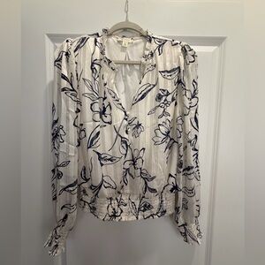 White Blouse with Navy Floral Print and Smocked Hem